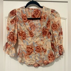 Free People Rose Print Blouse in Cream and Brown